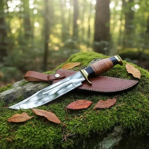 D2 Steel American Classic Bowie Knife – Stacked Leather Handle & Leather Sheath