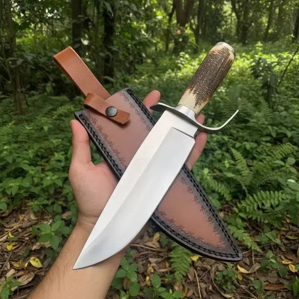 Handmade D2 Steel Bowie Knife – Natural Antler Handle & Leather Sheath