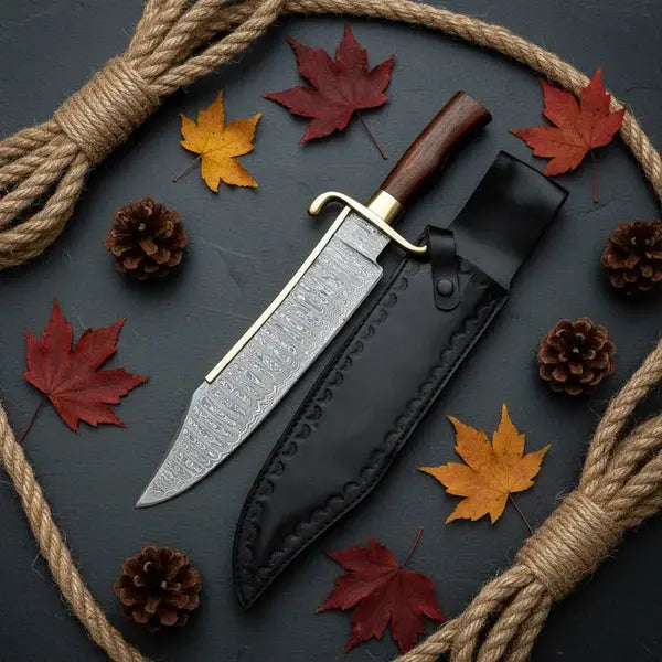 Handmade Damascus Bowie Knife – Rosewood Handle, Brass Guard & Leather Sheath