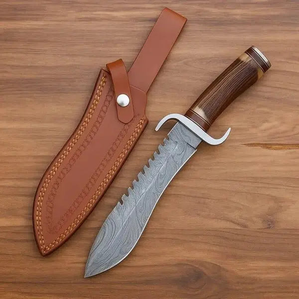 Handmade Damascus Bowie Knife – Antler & Rosewood Handle, Serrated Spine
