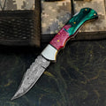 Damascus Folding Pocket Knife with Resin Handle | Handmade Hunting Knife
