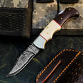 Damascus Folding Hunting Knife with Wenge & Camel Bone Handle