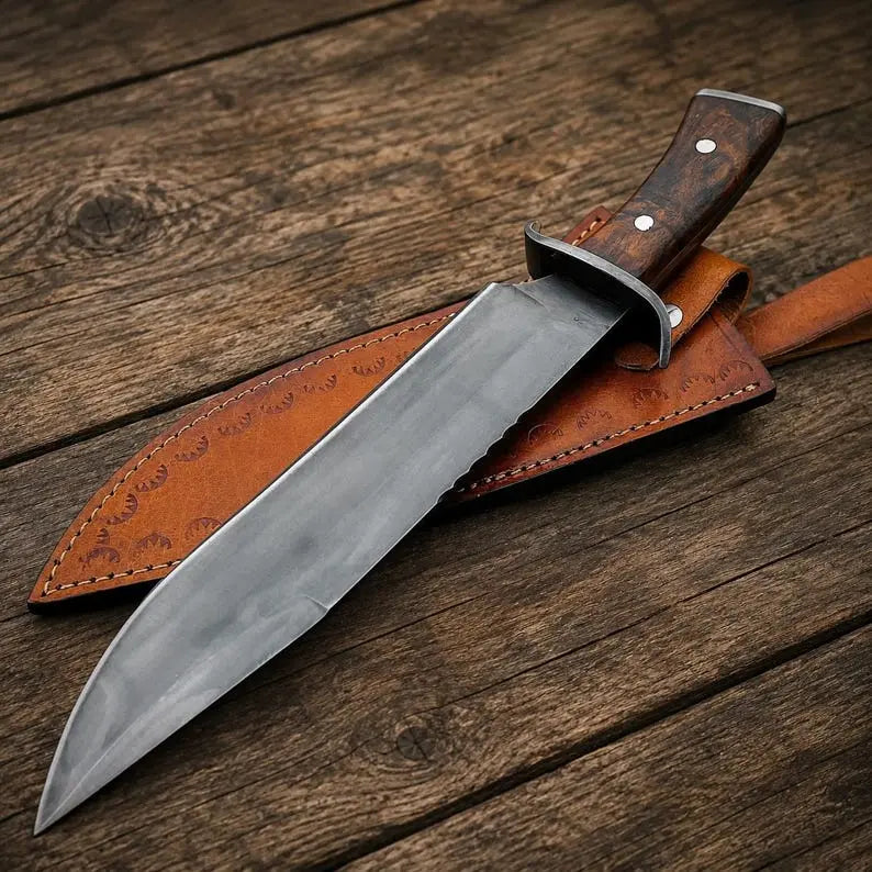 Hand Forged Bowie Hunting Knife with Wooden Handle & Leather Sheath