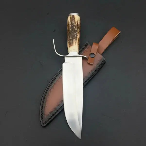Handmade D2 Steel Bowie Knife – Natural Antler Handle & Leather Sheath
