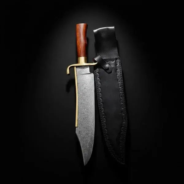 Handmade Damascus Bowie Knife – Rosewood Handle, Brass Guard & Leather Sheath