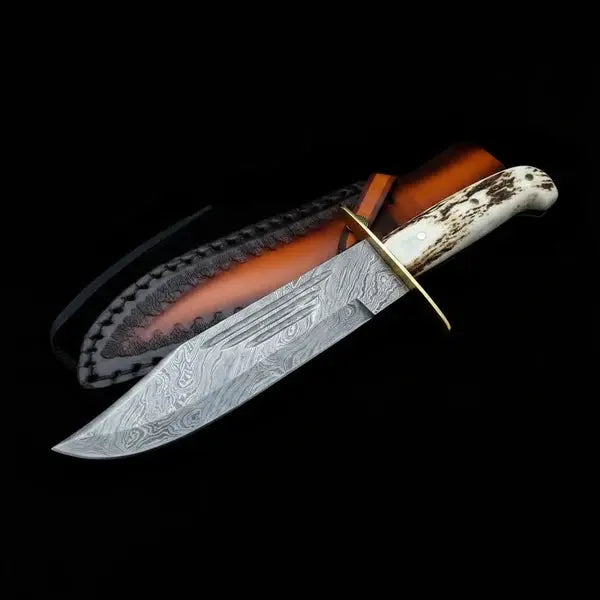 Handmade Damascus Bowie Knife – Stag Antler Handle, Brass Guard & Leather Sheath