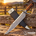 Ironwood Twisted Damascus Bowie Knife – Walnut Handle & Leather Sheath