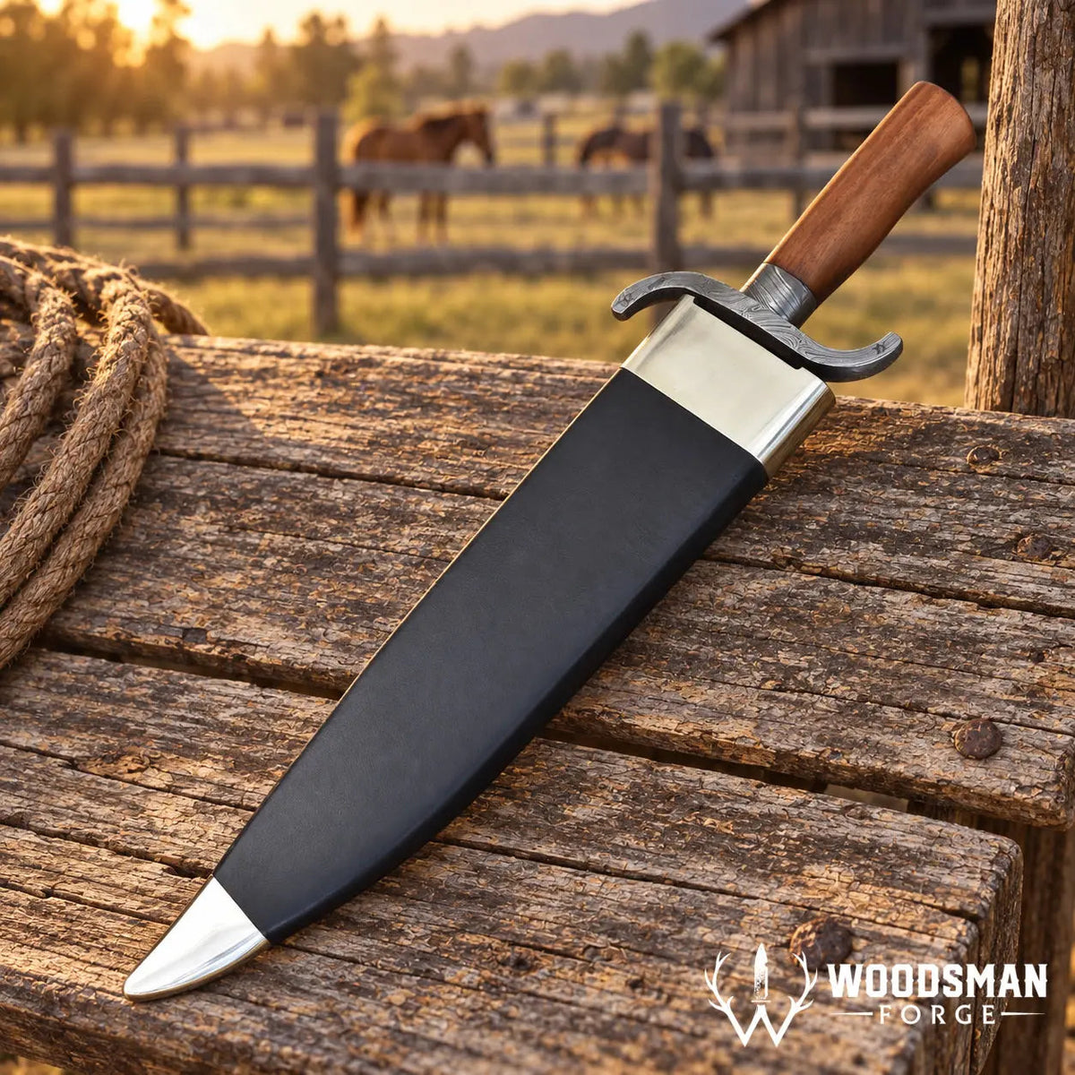Ironwood Twisted Damascus Bowie Knife – Walnut Handle & Leather Sheath