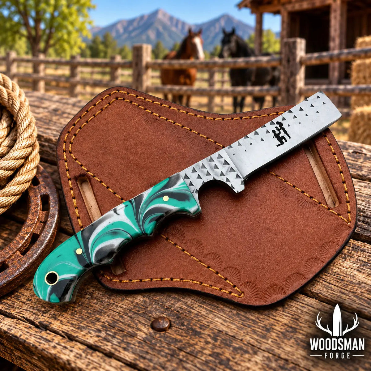Ranchspire Rasp Steel Cowboy Bull Cutter Knife – Resin Handle & Leather Sheath