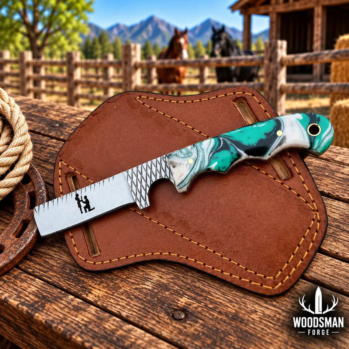 Ranchspire Rasp Steel Cowboy Bull Cutter Knife – Resin Handle & Leather Sheath