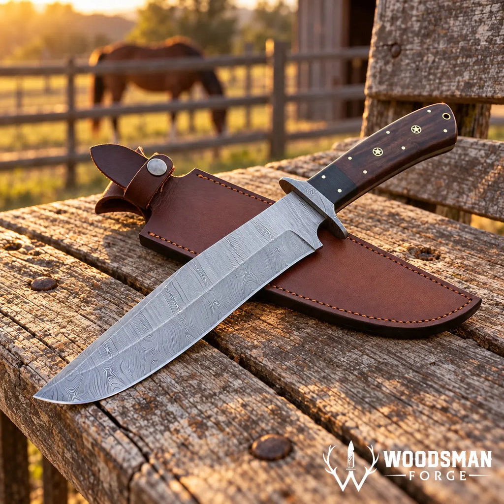 Rosebriar Damascus Bowie Knife – Rosewood Handle & Leather Sheath
