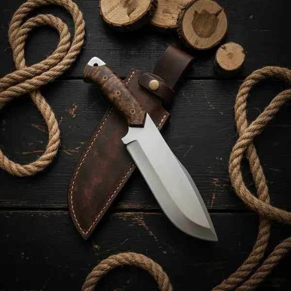 Handmade D2 Steel Bowie Knife – Stabilized Burl Wood Handle & Leather Sheath