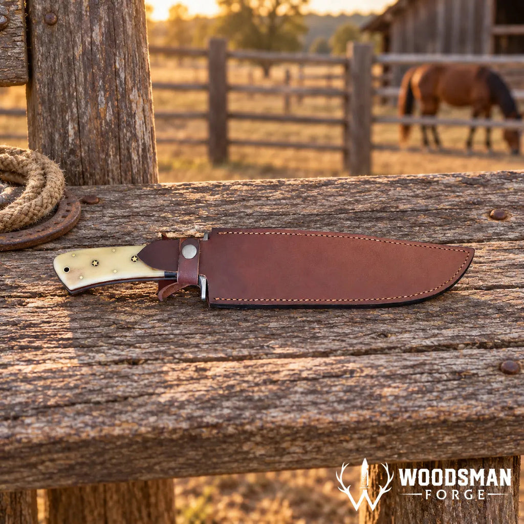 Stonewarden Damascus Bowie Knife – Bone Handle & Leather Sheath